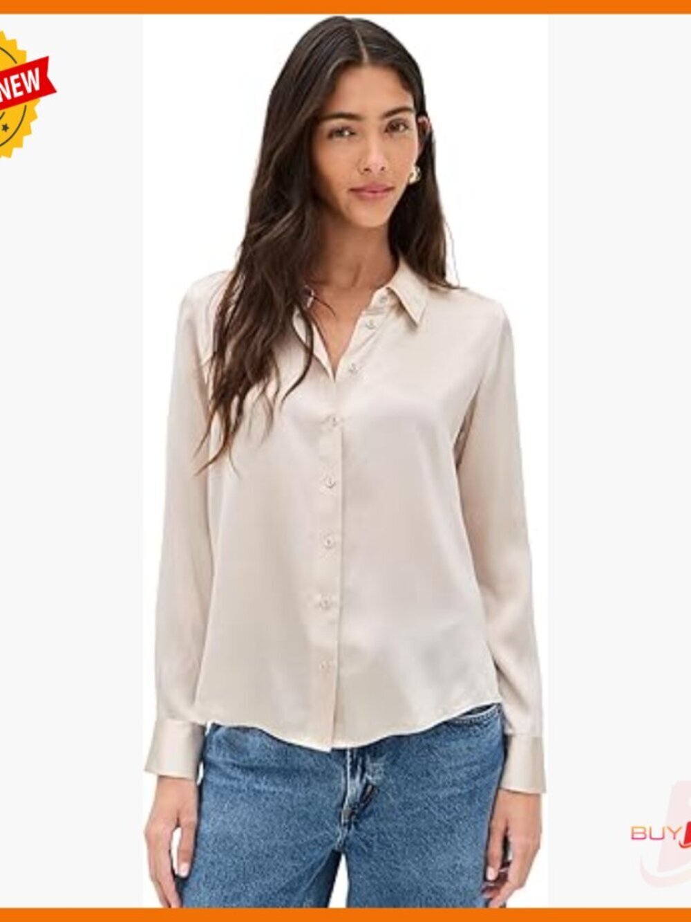 Silk Satin Blouse with Collar, Long Sleeves, Button Cuffs, Fitted Fit